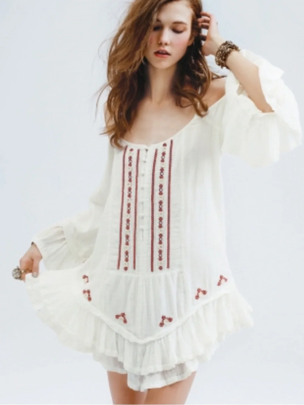 Free People White Cotton Asymmetrical Dress with Red Embroidery